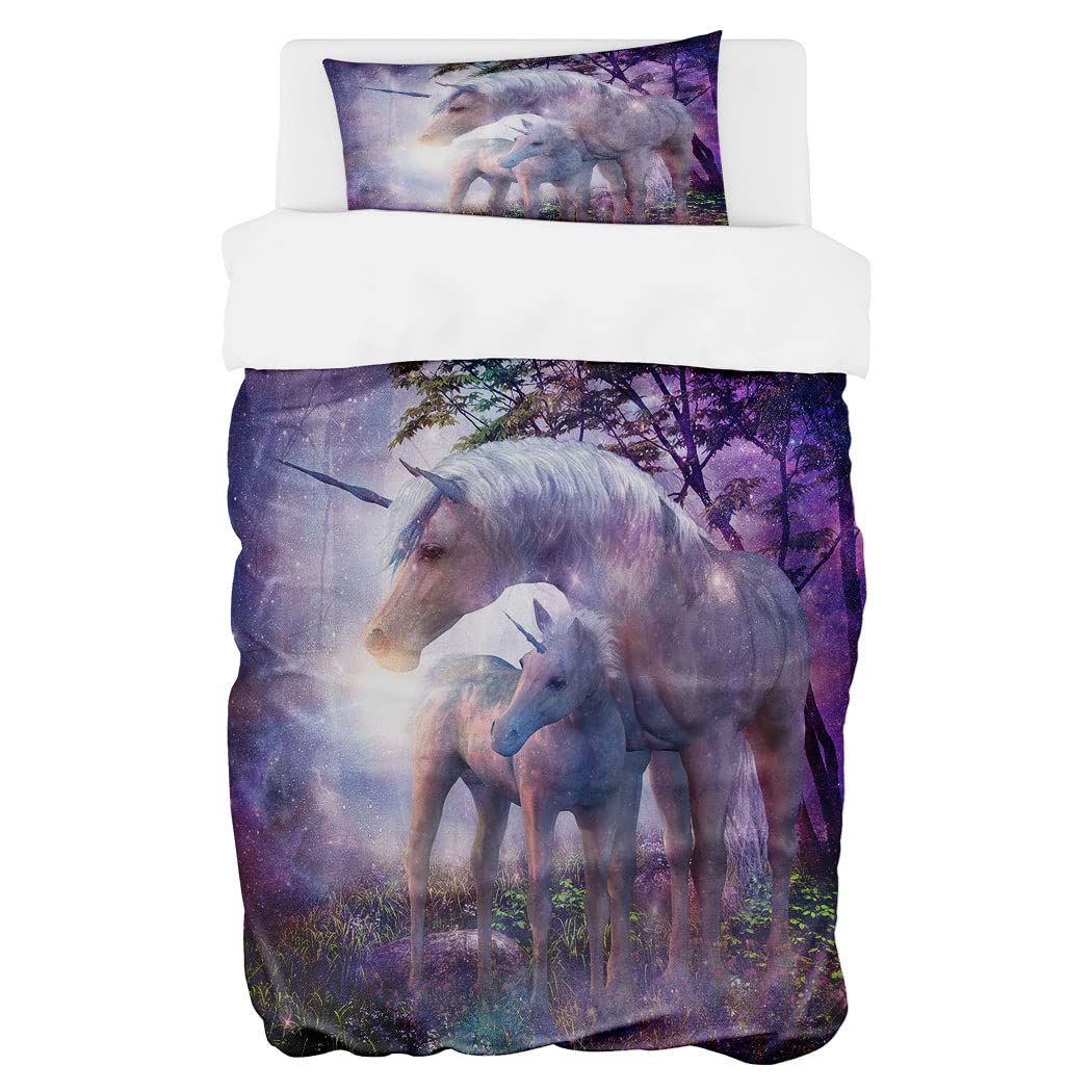 Zomer Bettwäsche Set 135x200 cm 2teilig Bettbezug Mikrofaser Bettwäsche Deckenbezug mit Einhorn Eltern-Kind Motiv - 1 Flauschige Bettdeckenbezug und 1 Kissenbezug 80x80cm