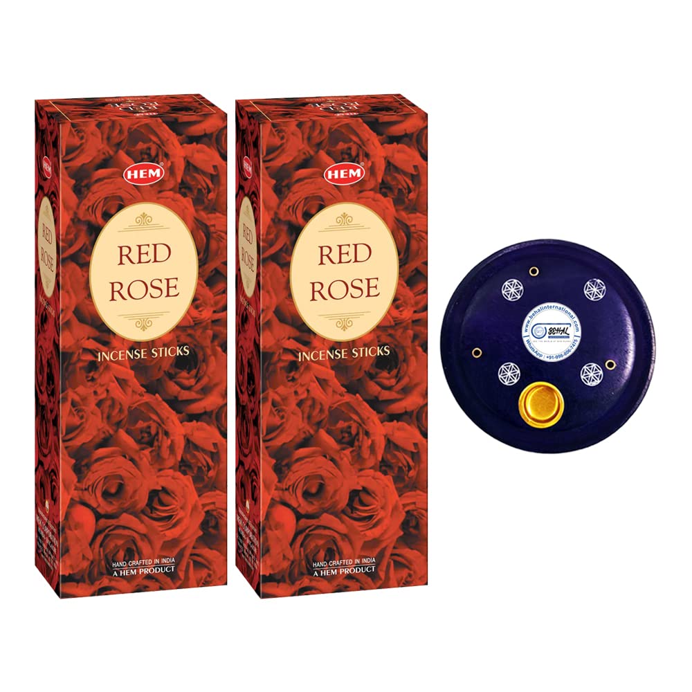 Hem Red Rose Incense Sticks - Pack of 2 Boxes containing 6 Hexa in Each Box with Wooden Incense Holder by Behal International