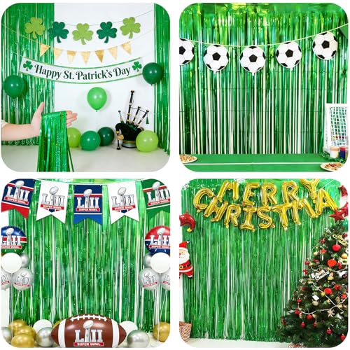 Image of 4 Pack Tinsel Backdrop 12.8x8.2 Green St Patricks Day Party Decorations, Metallic Backdrop Curtains Tinsel Curtains Streamer Backdrop, Party Supplies Wall Decor for Green Birthday Decorations