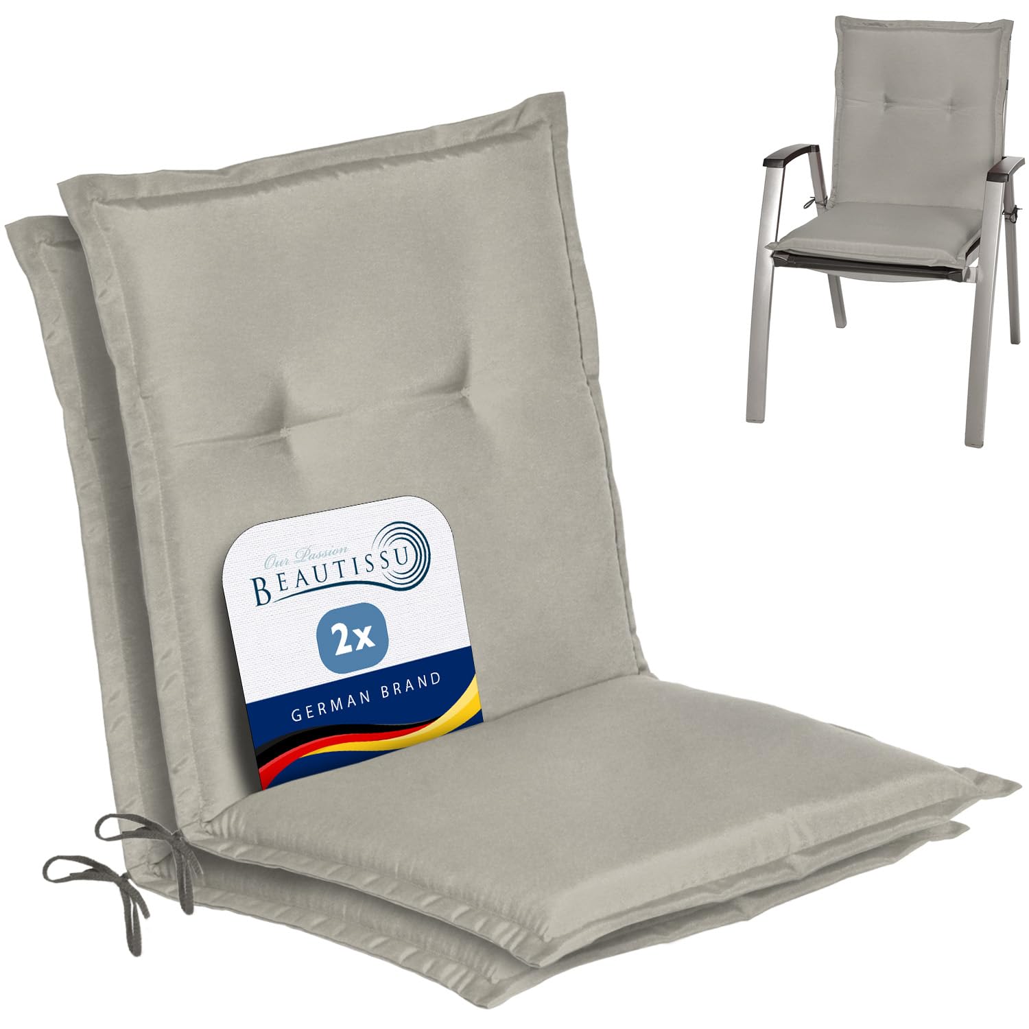 Beautissu Lowback Outdoor Chair Cushions 100x50x6 cm Loft NL - Set of 2 Seat Cushions for Garden Chairs with Backs Recliner Patio Chair Sunbed Bench - Light Grey — image 1
