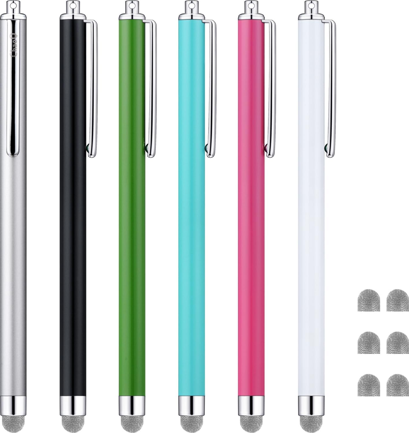 ChaoQ Stylus Pens for Touch Screens, Mesh Fiber Capacitive Stylus (6-Pack), with 6 Replaceable Mesh Tips (Black, White, Pink, Green, Sky Blue, Silver) ChaoQ Stylus Pens for Touch Screens, Mesh Fiber Capacitive Stylus (6-Pack), with 6 Replaceable Mesh Tips (Black, White, Pink, Green, Sky Blue, Silver)