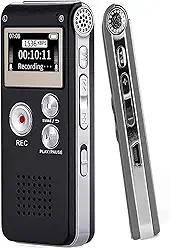 Gravador de Voz Digital 16GB com Redução de Ruído e Ativação por Voz - Dictafone Recarregável via USB para Palestras, MP3 Player, 30h Gravação, Proteção por Senha