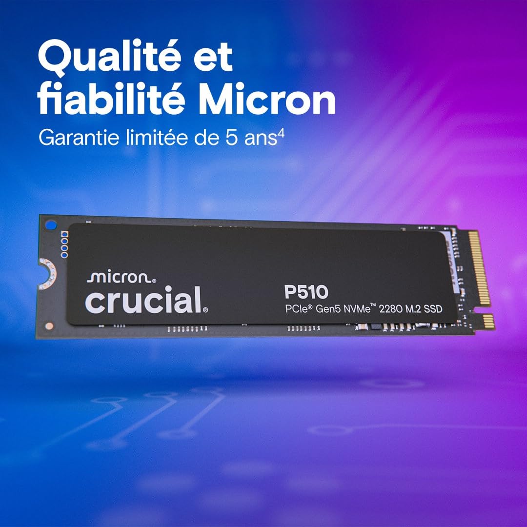 Crucial P510 SSD 1To PCIe 5.0 x4 NVMe M.2, Lecture 11.000 Mo/s, Écriture 9.500 Mo/s, TLC NAND, Disque Dur Interne