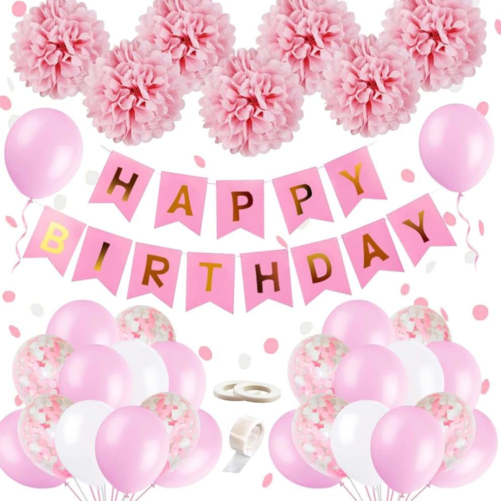 Pink Birthday Party Decorations Set, Pink and White Balloon Decoration Kit with HAPPY BIRTHDAY Banner, Paper Pompoms, Ribbons and Confetti Balloons, Party Decoration Accessories