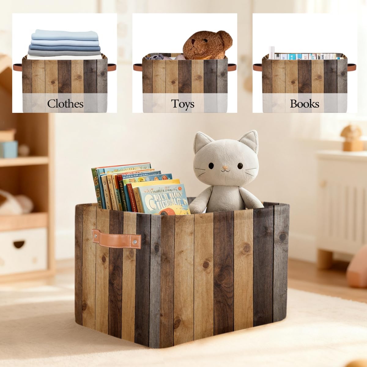 Rechteckiger Aufbewahrungskorb mit Holzmaserung und Ledergriffen, 2 Stück, faltbarer Stoff-Aufbewahrungskorb für Schrank, Badezimmer, Wohnzimmer, Büro, Spielzeug, Organizer, Wäschekorb