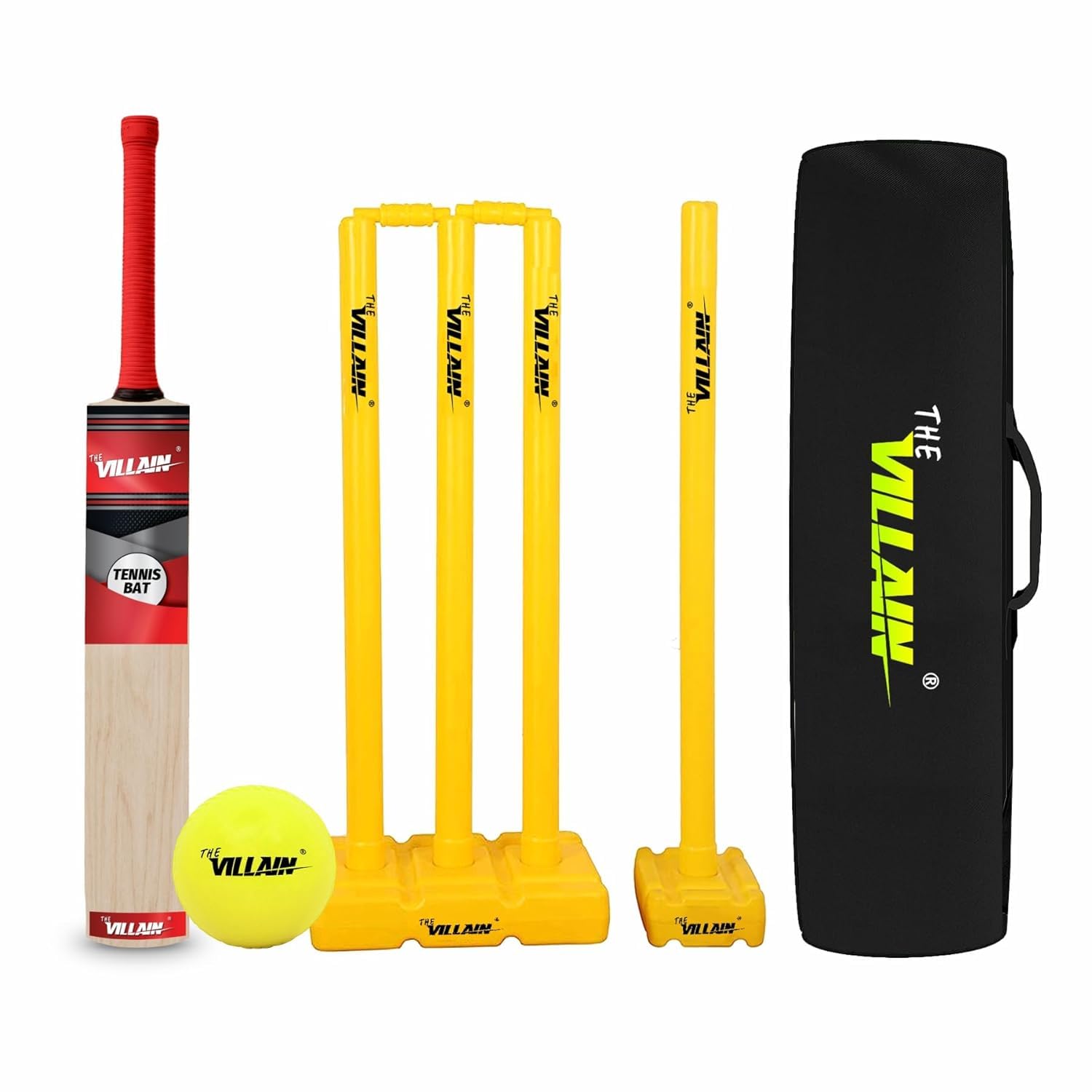 THE VILLAIN Sturdy Wooden Tennis Cricket Bat | Full Size | Bat, Ball, Wicket Set & Kit Cover | Ultimate Choice for The Elite Players | (Pack of 4) (B0D1N1PJXX) Amazon Price History, Amazon Price Tracker