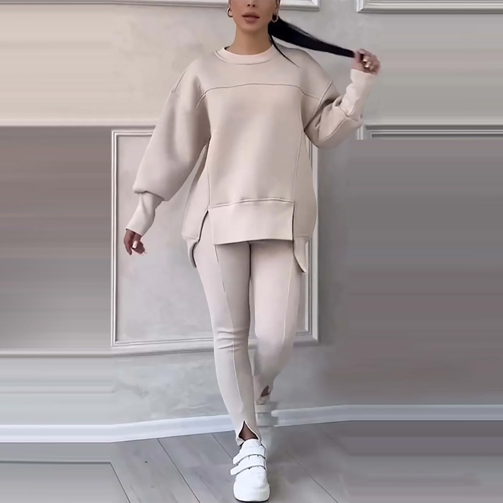 Streetwea - Tuta da ginnastica da donna, invernale, taglie S-2XL | Tuta sportiva da donna, 2 pezzi, vestibilità rilassata, girocollo, con spacco laterale, tinta unita, Y2K