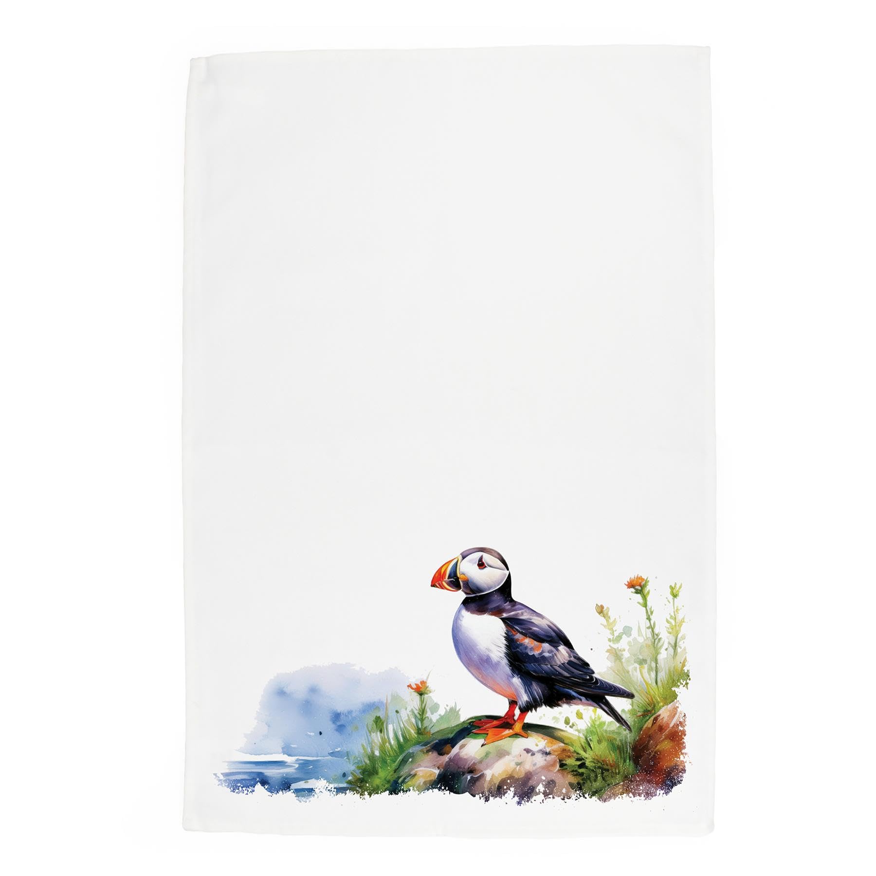 Purely Home White Puffin Tea Towel - Coastal Sea Birds Wildlife Gift For Bird Lovers - Panama Cotton Kitchen Dish Towel/Drying Cloth - 67Cm X 45Cm