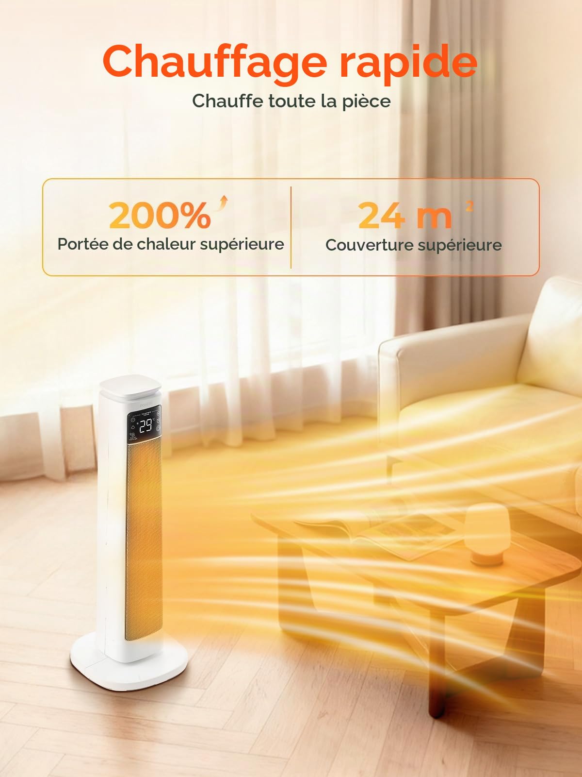 Radiateur d'Appoint pour Grandes Pièces, FOHERE Radiateur Électrique 24" avec Thermostat et Télécommande, Oscillation 70°, Minuterie 12H, Protections, Mode Ventilateur pour Chambre, Bureau, Salon