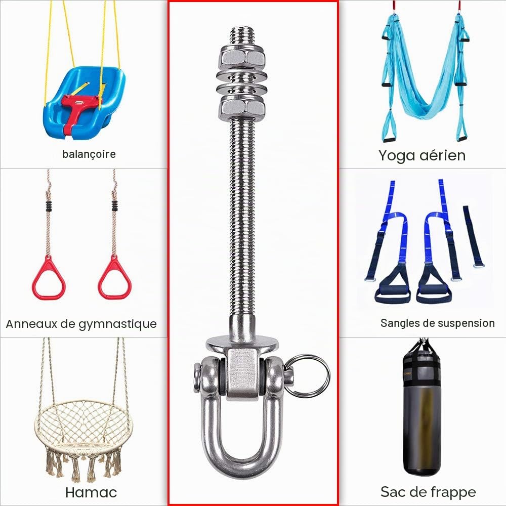 SELEWARE Crochets de suspension pivotants à 180° robustes, capacité de 800 kg en acier inoxydable 304 permanent antirouille, ensembles de balançoire de porche en bois et acier de 14,5 cm pour hamac de