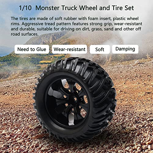 4Pcs Rc Tires 1/10 Rc Monster Truck Off-Road Rubber Tires + 7 Spokes Black Wheel Rim For Hsp Stampede Redcat Arrma Exceed Rc Etc #TOP6