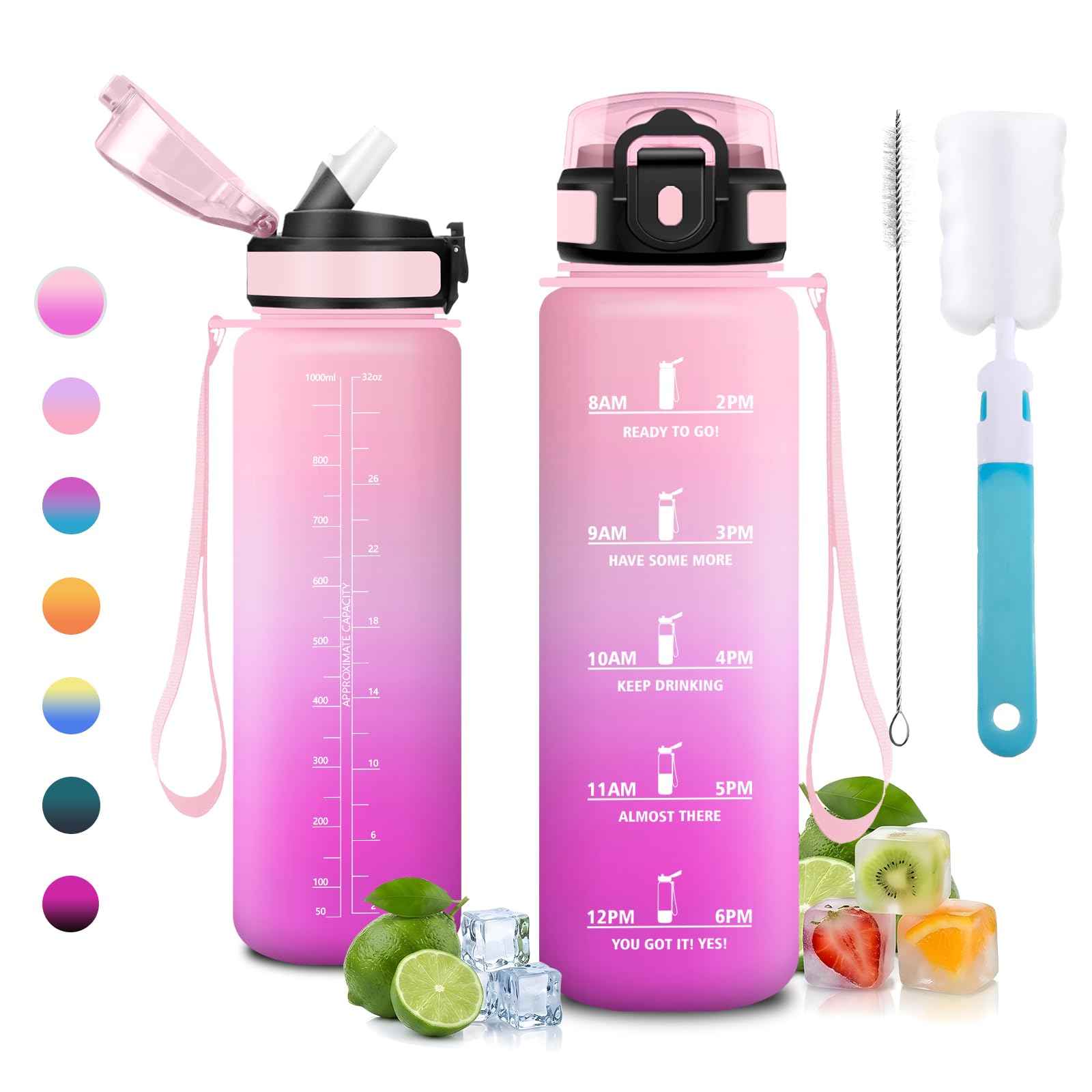 JAPORIA 1L Water Bottle with Straw Time Markers BPA-Free Leak-Proof Water Bottles for School Outdoor Camping