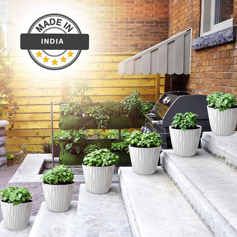 Image of StyleX Store Plastic Round Flower Pots with Drainage Hole Saucers | Durable Outdoor Indoor Wave Pattern Planters with Tray | Plant Containers for Balcony, Garden, Office, and Home (Set of 5, White)
