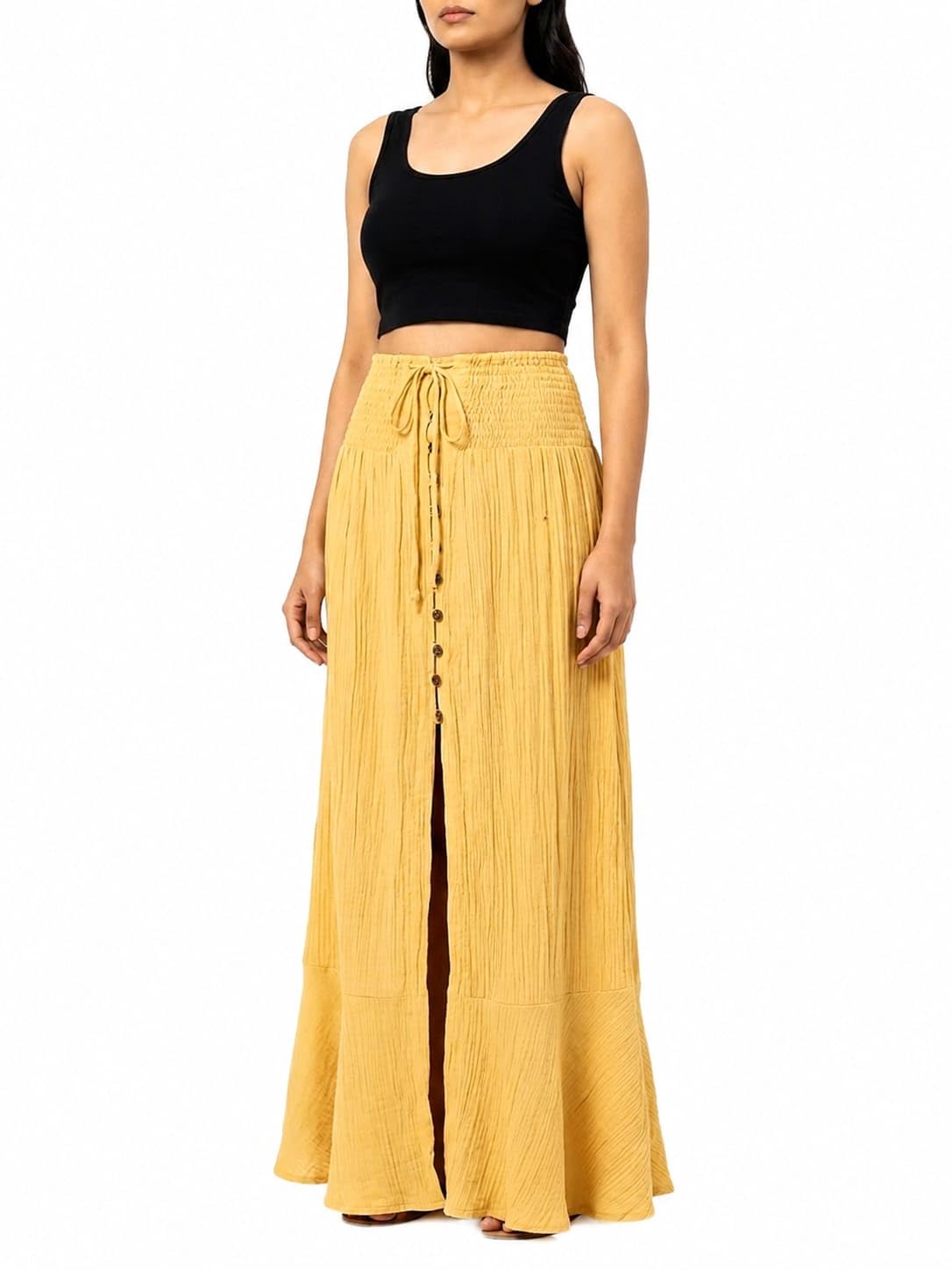 Women's Yellow Crinkle Maxi Skirt with Smocked Waist| Boho | Long Skirt | Stylish & Soft Lehenga Type-image-5