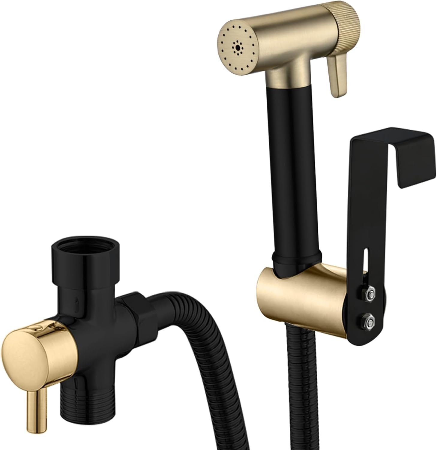 Hand Held Bidet Sprayer for Toilet, Black and Brushed Gold 2 Functional Brass Cloth Diaper Sprayer with 47 Inch Shower Hose, One Inlet and Two Outlets Single Cold Shower Valve, Bracket