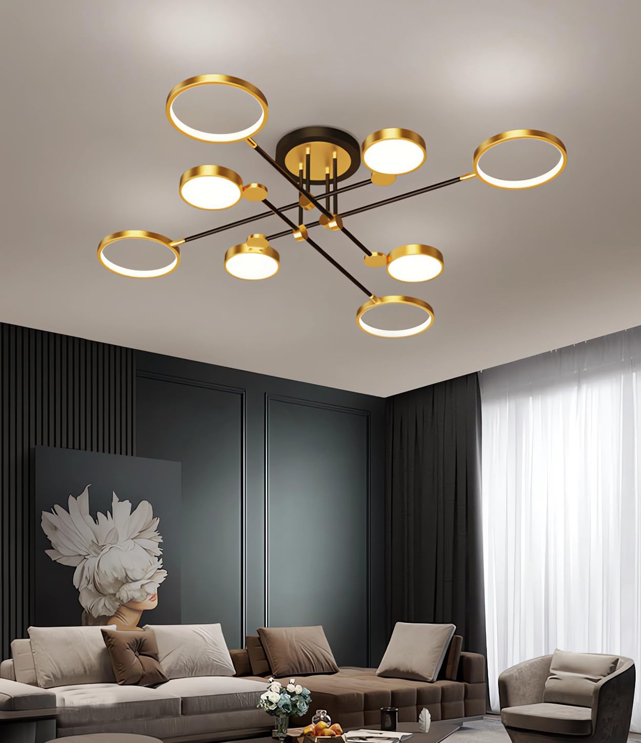 MOMOYY Living Room LED Ceiling Lights Modern Dimmable Ceiling Lamp with Remote Control Bedroom Ceiling Light Indoor Lighting Recessed for Living Room Bedroom Dining Room Study Room (Gold, 8 Heads)