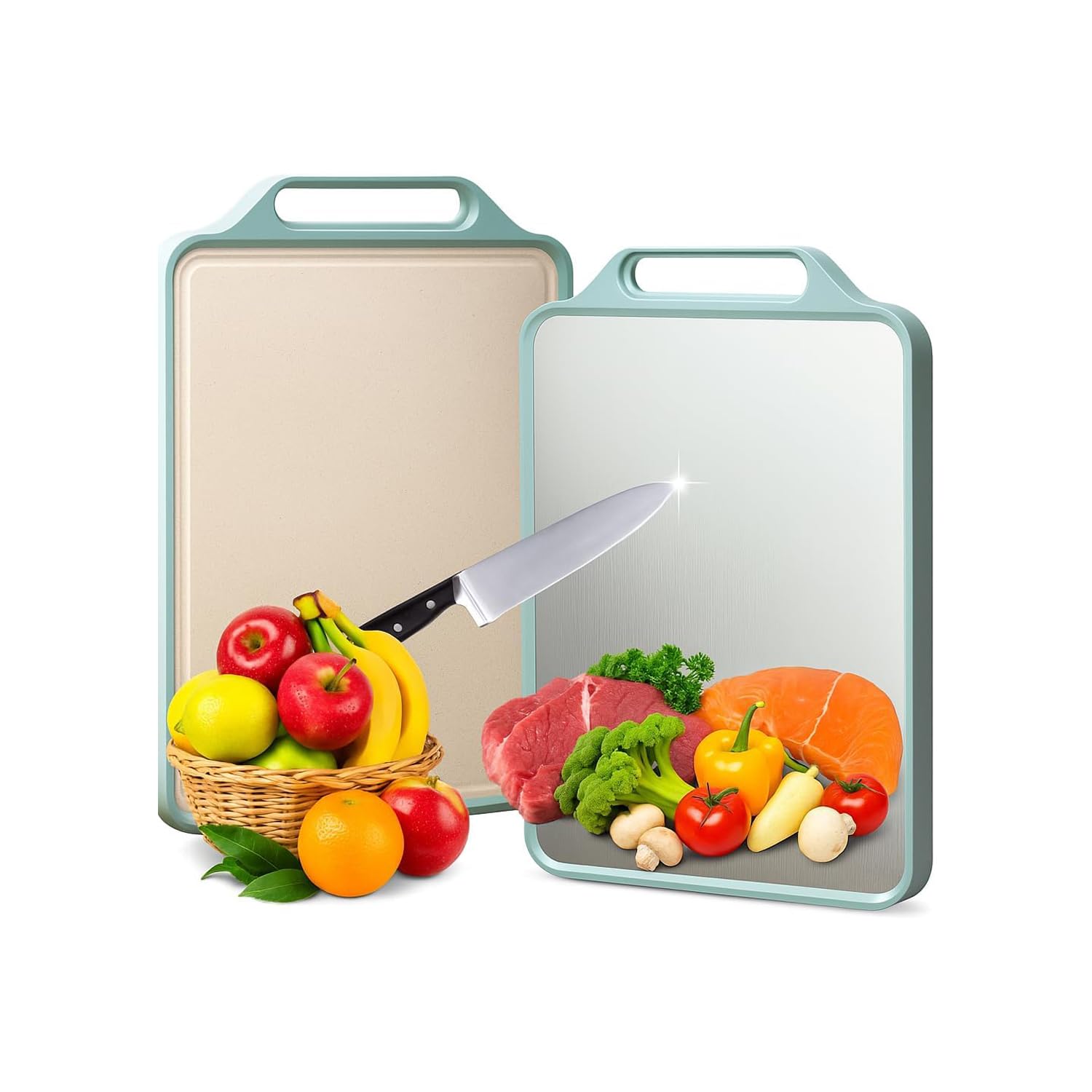RENVA Stainless Steel Cutting Board,Double Sided Steel Cutting Boards for Kitchen,Stainless Steel/Wheat Straw pp Large Board for Meat,Non Toxic Chopping(38X29). (Green)