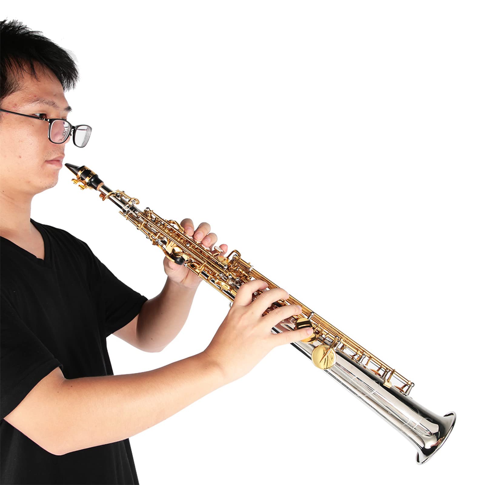 Oumefar Saxophe Ottone 64 × 24 × 16 Sassofono Soprano Dritto in Ottone Professionale Tubo Placcato Argento Sax Chiave Oro con Borsa per il Trasporto