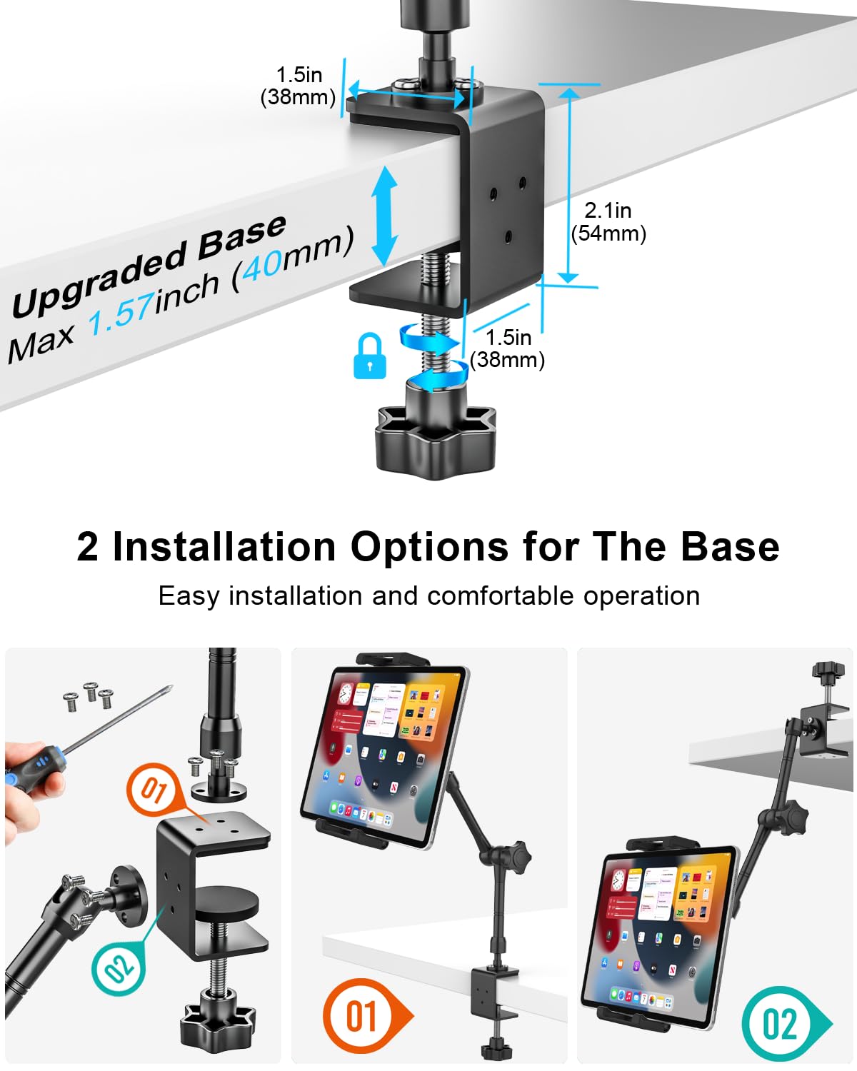 Supporto per tablet da cucina – [braccio regolabile in metallo] supporto per tablet da scrivania da letto con morsetto grande profondità 3,2 cm per iPad Pro 13 Air Mini, Galaxy, Fire, Switch, iPhone,