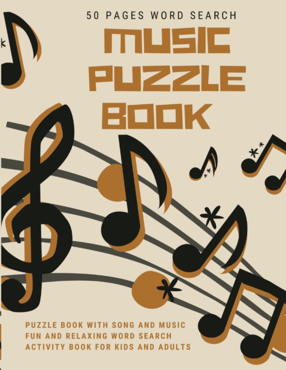Music Puzzle Book, 50 pages word search, puzzle book with songs and music, fun and relaxing word search, activity book for adults and kids