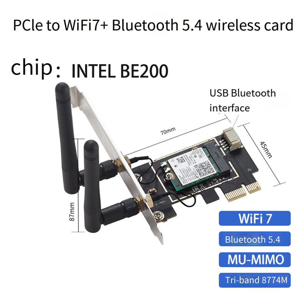 Carte WiFi PCI-E WiFi 7 BE200, Tri-Band 2.4G&5G&6GHz, Métal Noir+PCB, Vitesse sans de 8774Mbps, Carte Réseau sans BE200 pour Win11.