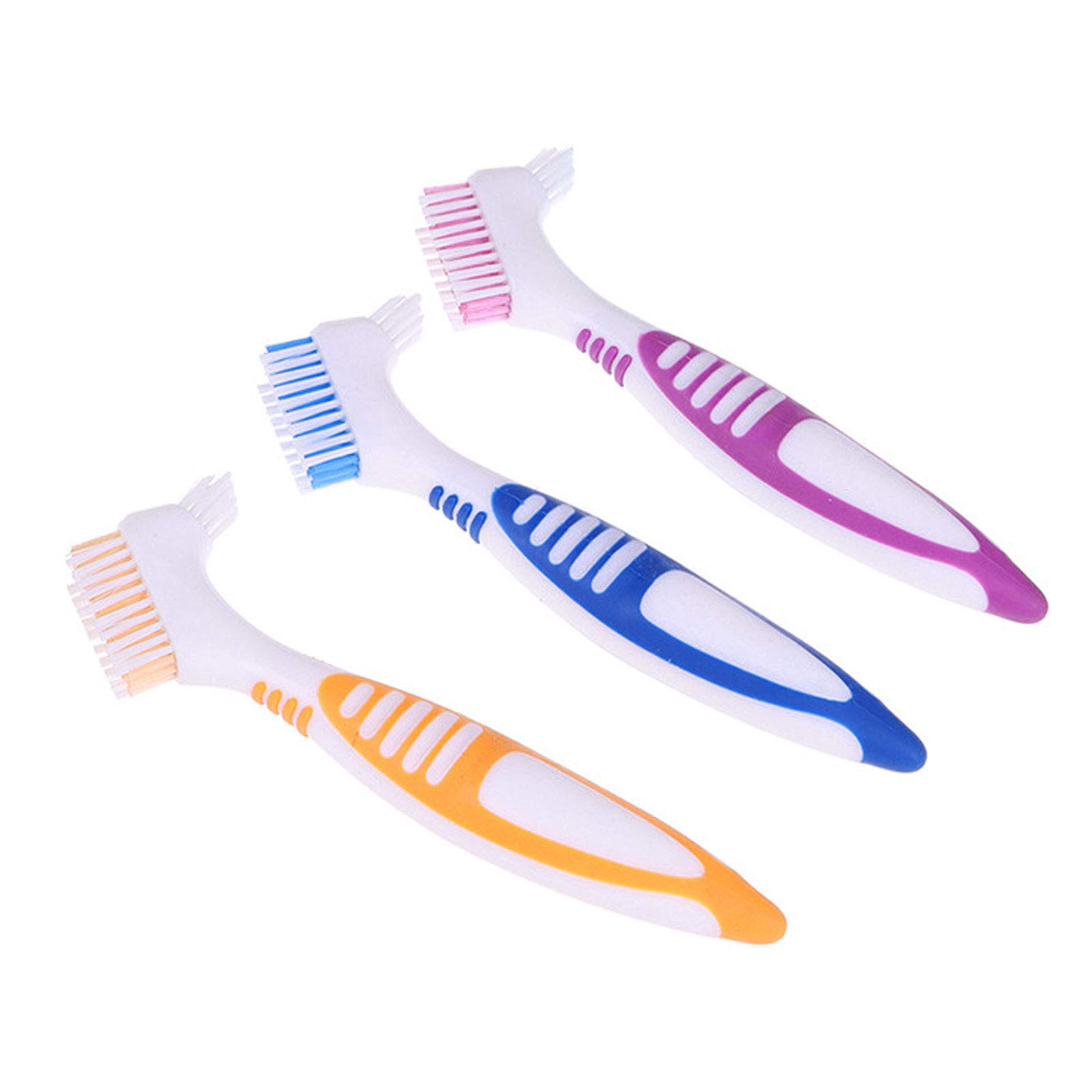 HRASY Premium Denture Cleaning Brush Set with Multi-Layered Bristles & Ergonomic Rubber Handle, Portable Denture Double Sided Brush for False Teeth Cleaning, 3 Pieces (Blue, Orange, Purple)