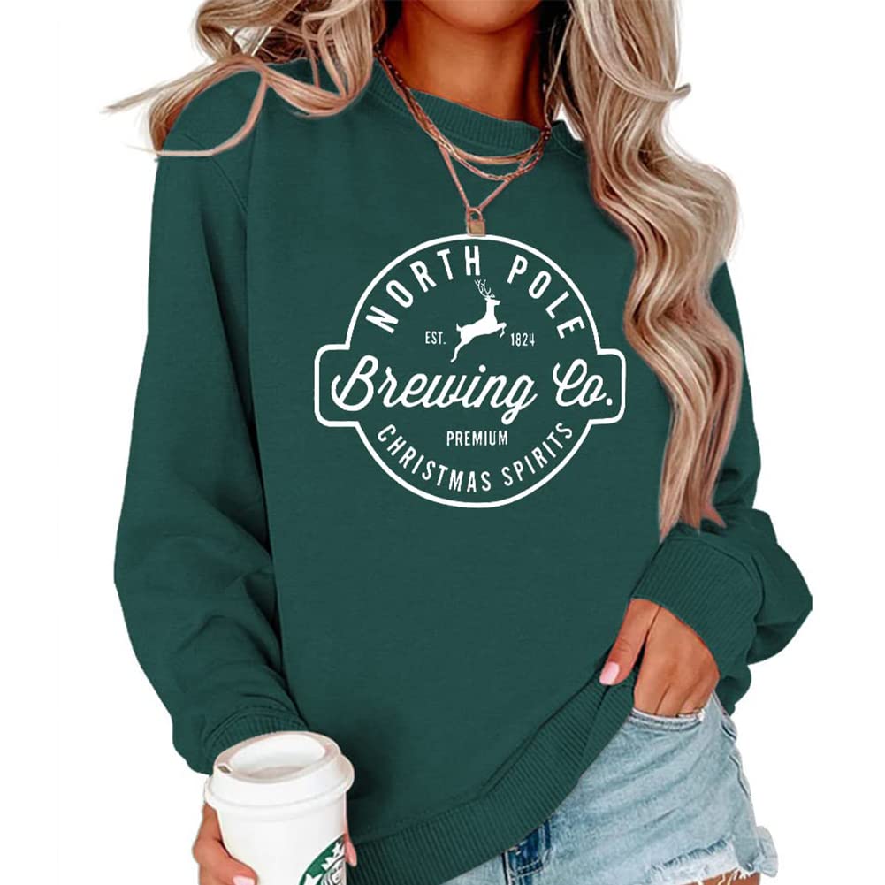 Women Christmas Sweatshirt Crewneck Xmas Pullover Tops Brewing Co North Pole Letter Graphic Holiday Sweater(Dark Green,XLarge)