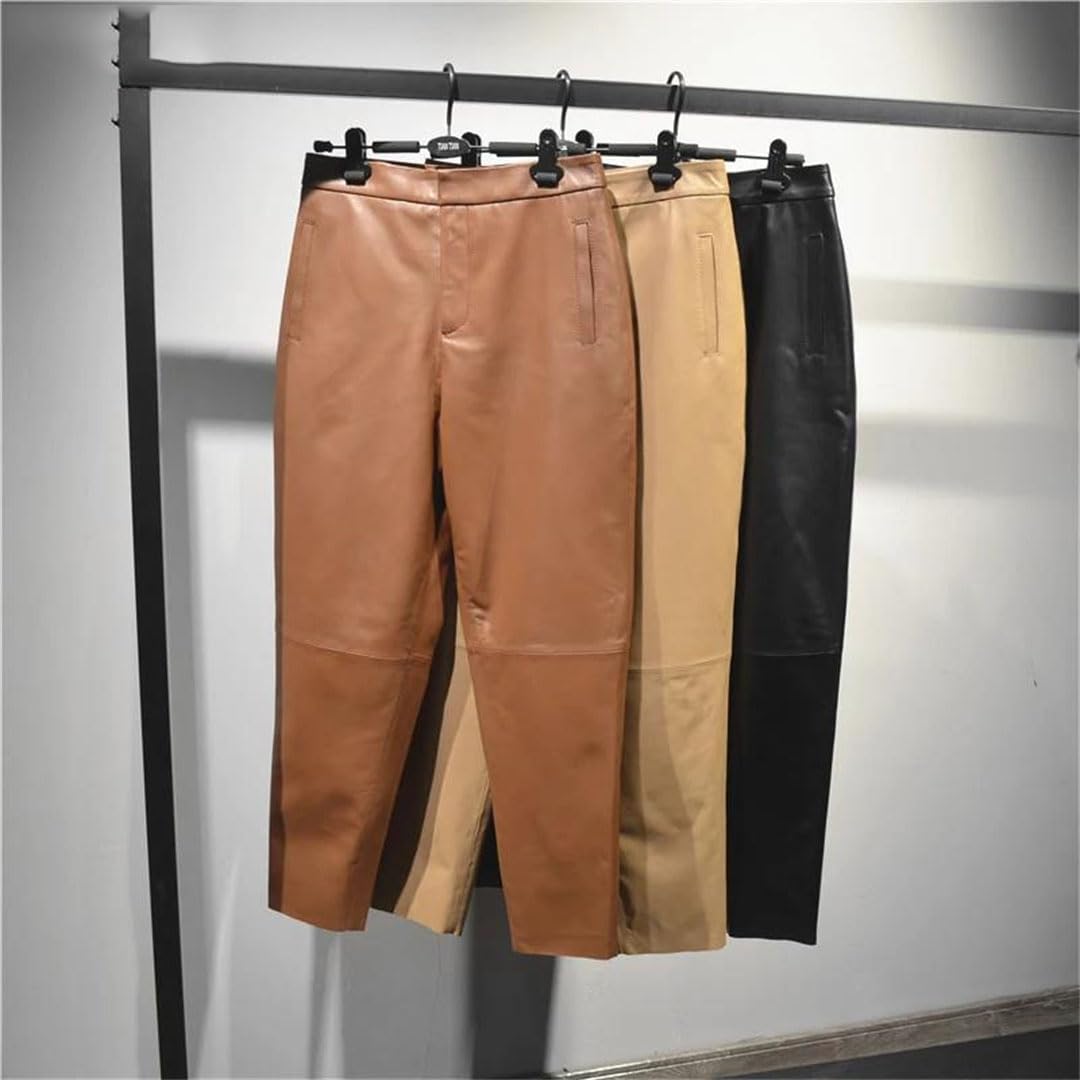 Pantalones de cuero para mujer, casuales, sueltos, de negocios, con bolsillos, pantalones recortados, Negro, S