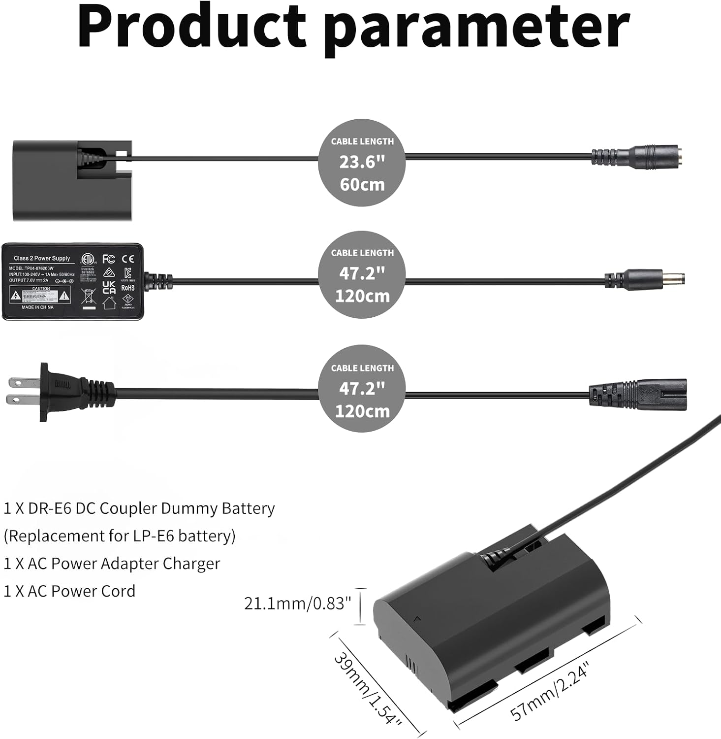 ACK-E6 AC Power Adapter Kit with DR-E6 Dummy Battery for Canon LP-E6/LP-E6N, Compatible with EOS R/Ra / R3 / 5D II/III/IV / 5Ds / 5Ds R / 6D / 6D II / 7D / 7D II / 60D / 70D / 80D / 90D Camera