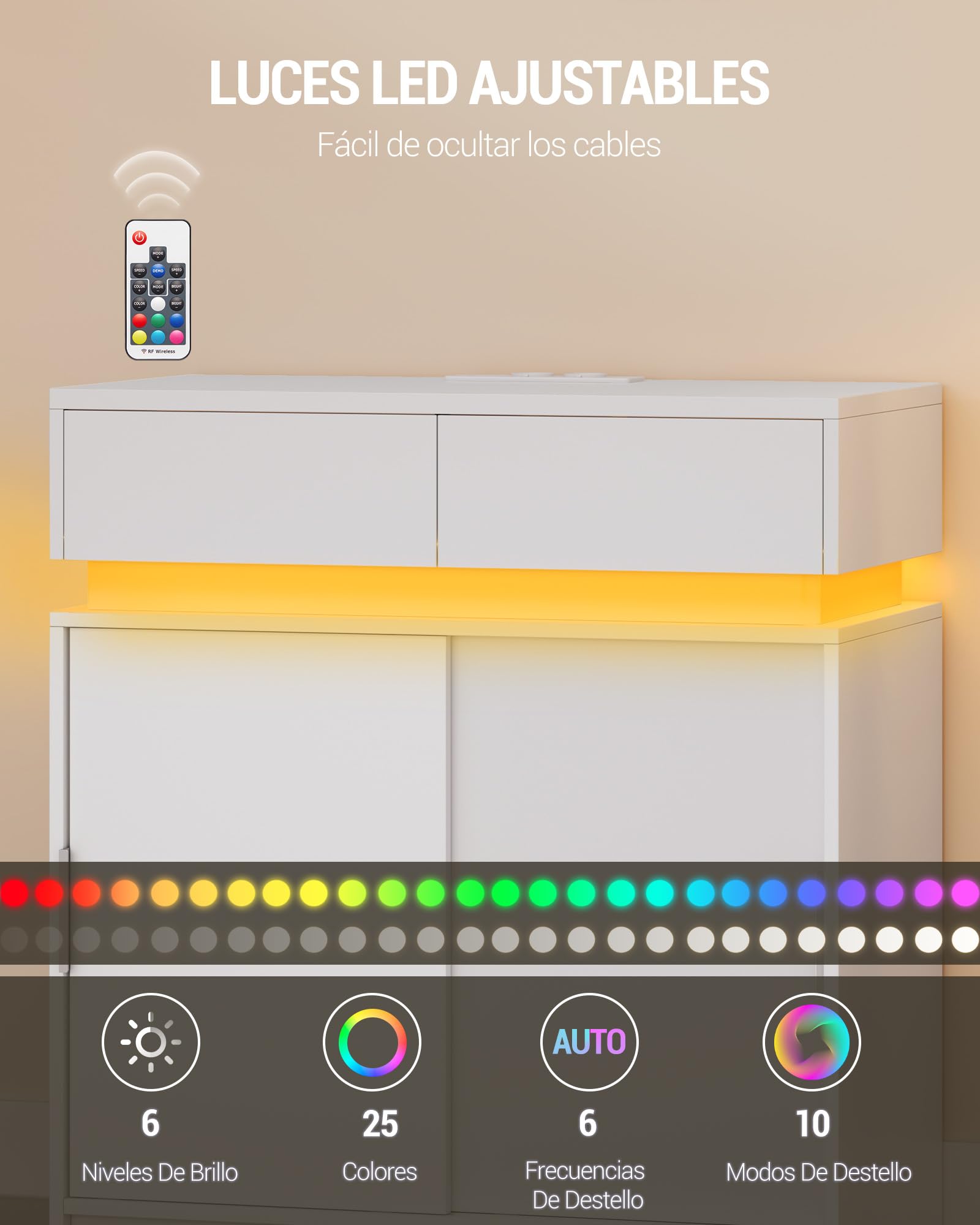 Hzuaneri Aparador, Armario de Cocina con 2 Puertas Corredizas, 2 Cajones, Regleta y Tira de Luces LED, Estantes Ajustables, Estilo Moderno, para Cocina o Salón, 40 x 80 x 85 cm, Blanco SC00203XEU