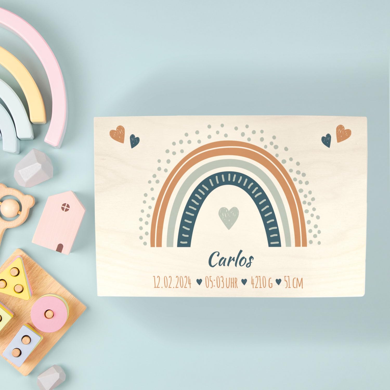 GRAVURZEILE Personalisierte Erinnerungskiste für Babys - Regenbogen Blau - Personalisiert mit Name & Datum - Holzkiste für Mädchen & Jungen - Geschenk fürs Baby zur Geburt - Erinnerungsbox