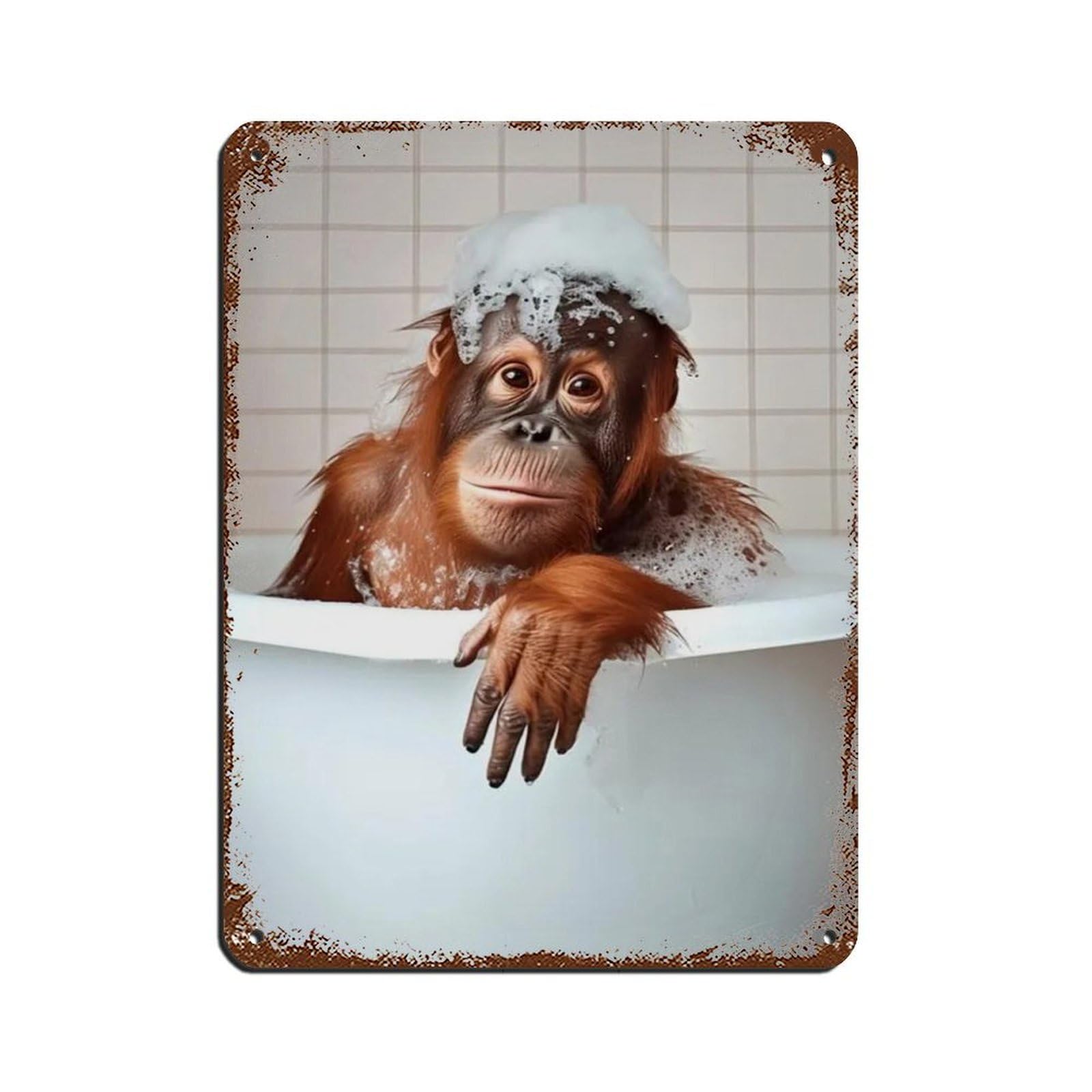 Orangutan in The Bathtub, Funny Bathroom Art Retro Poster Metal Tin Sign Chic Art Retro Iron Painting Bar People Cave Cafe Family Garage Poster Wall Decoration 12x16inch(30x40cm)