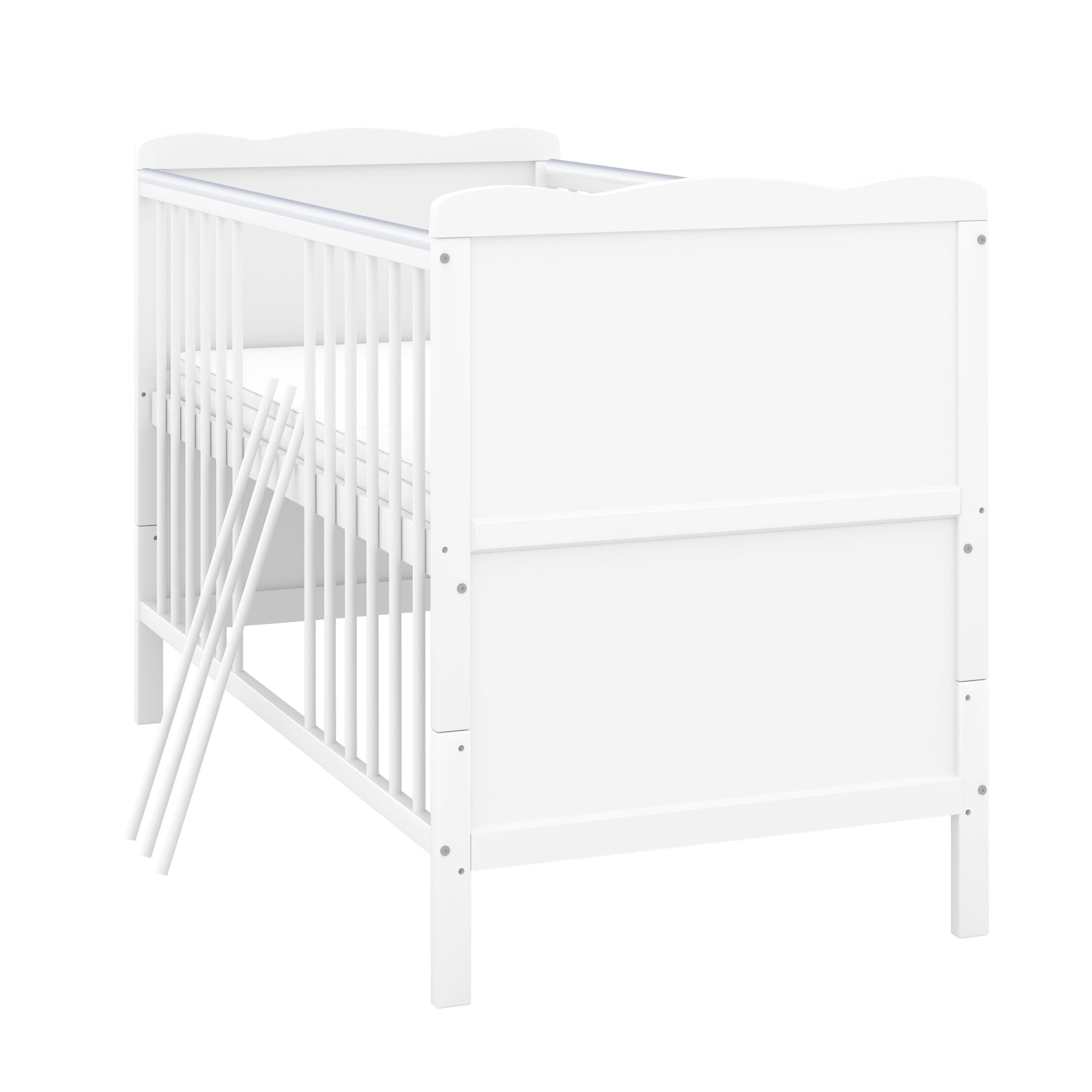 Babybett Kinderbett Juniorbett Jack 70x140 Weiß umbaubar mit Schublade Matratze und Beißschienen
