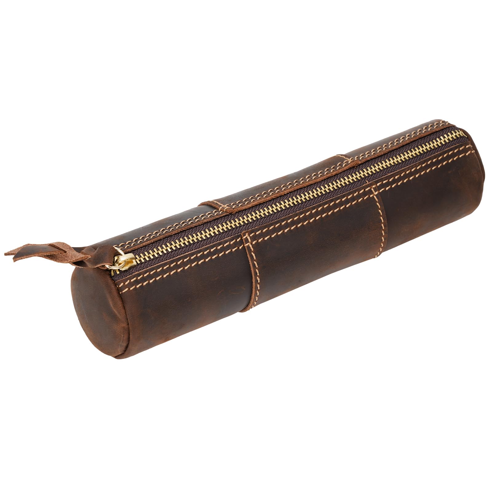 ECHSRT Genuine Leather Pencil Case, Full-Grain Cowhide Leather Pouch, Small Pencil Pouch for Men, Vintage Pen Bag for Adults, Stationery Organizer Case for Work & Travel-Cylindrical-Coffee