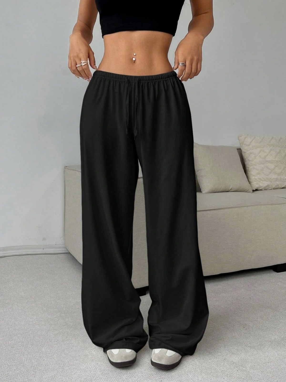 Womens High Waisted Wide Leg Pants Loose Elastic Waist Drawstring Trousers for Daily Wear