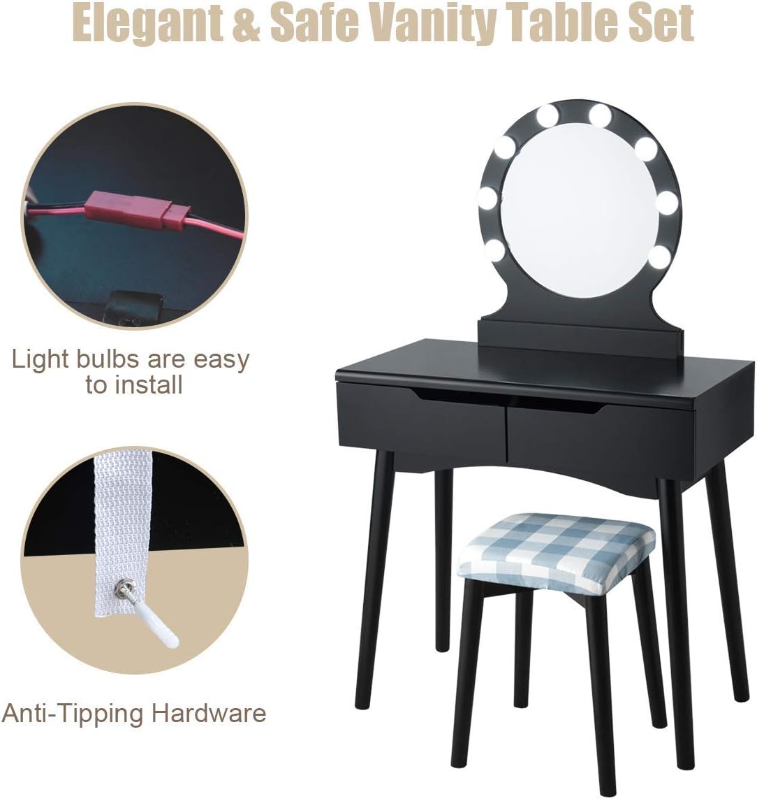 Giantex Vanity Table Set with 8 Light Bulbs and Touch Switch, Princess Girls Dressing Table with Large Round Mirror, 2 Sliding Drawers and Cushioned Stool for Bedroom Bathroom (Black)