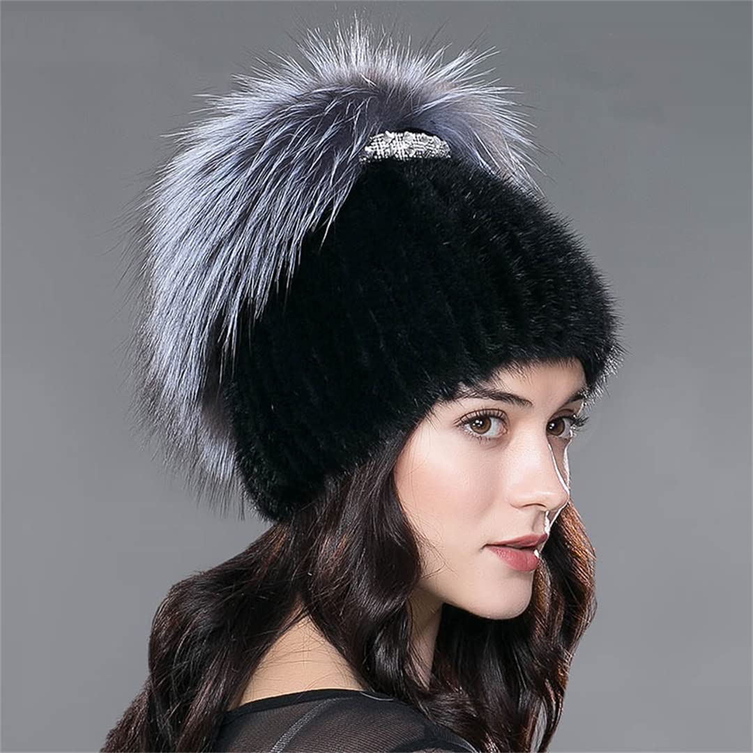 Sombreros de Piel de visón de Invierno para Mujer Gorros de Punto Gorros cálidos para Mujer Sombrero de Piel para Mujer