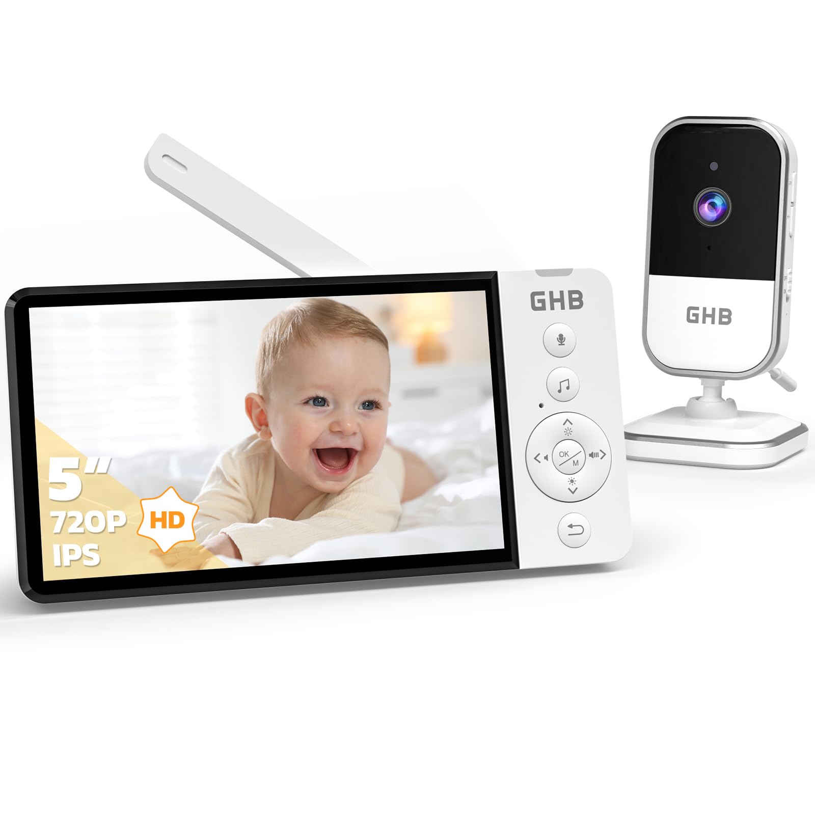 GHB Baby Monitor Video e Audio 5" 720P HD 5000mAh IPS Schermo, Telecamera Bambini con Monitor Visione Notturna Rilevamento della Temperatura Ninne Nanne Integrate