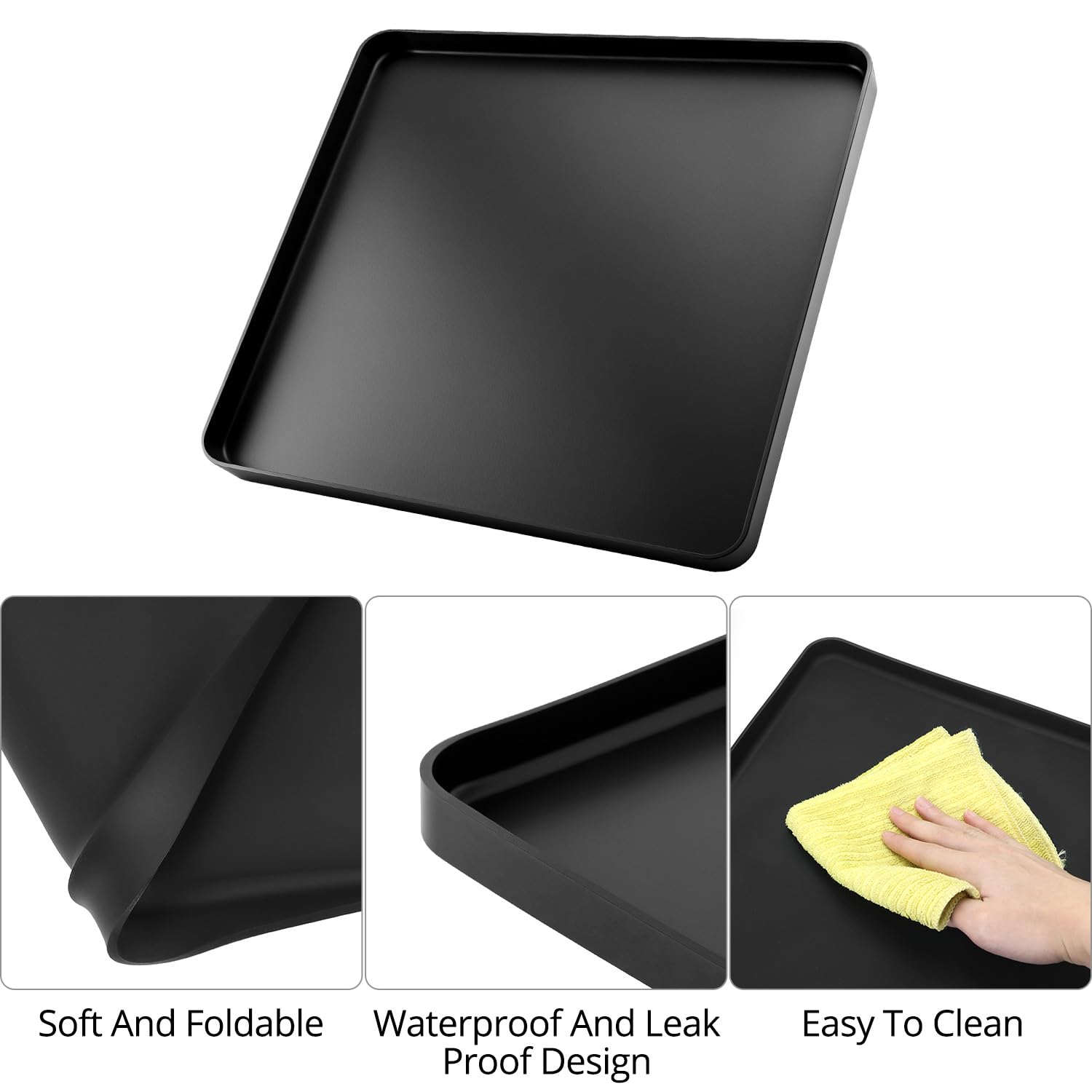QWORK® Podkładka do mini lodówki, 60 x 60 cm, wodoszczelna mata silikonowa z krawędzią o wysokości 2 cm, do lodówki, pralki i lodówki na wino, ochrona podłogi, ociekacz, czarna