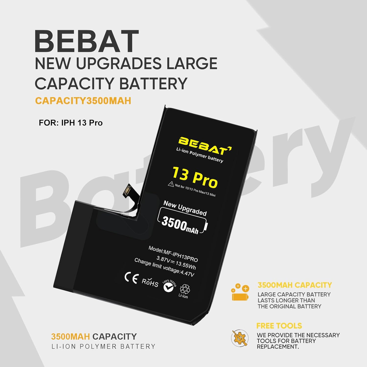 Replacement for iPhone 13 Pro Battery, 3500mAh High Capacity Li-ion Polymer Replacement Battery for Model A2640 A2639 A2638 A2636 A2483 with Professional Repair Tool Kits