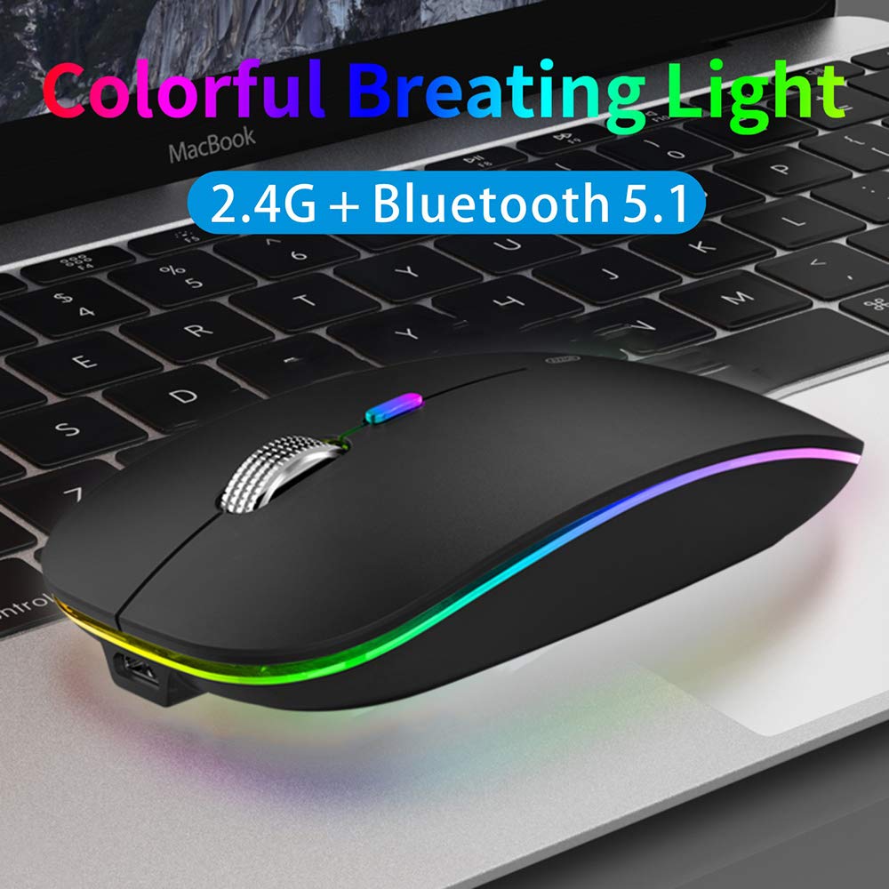 Uiosmuph Mouse Senza Fili Bluetooth, BT5.1+BT5.0+2.4G Ricaricabile Mouse Senza Fili Ottico Piccolo Portatile con Mouse USB per per Notebook, PC, Laptop, Computer, MacBook(Nero Opaco)