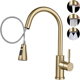 DAYONE Gold Kitchen Mixer Tap with Pull Out Spray, SUS304 Stainless Steel Sink Taps Mixer with 3 Functions for Kitchen, 360° Swivel Single Handle High Arc Kitchen Faucet, Brushed Gold