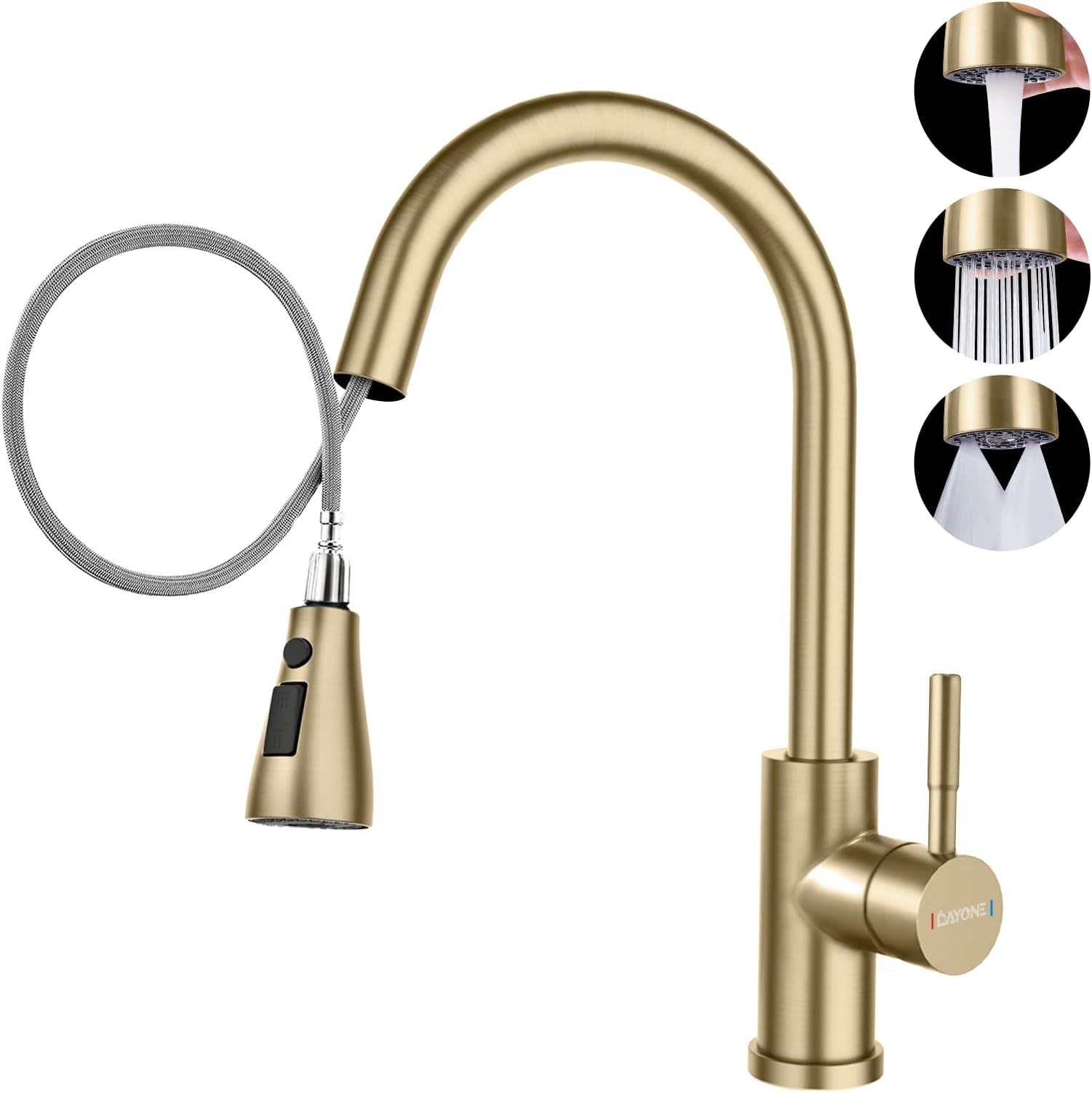 DAYONE Gold Kitchen Mixer Tap with Pull Out Spray, SUS304 Stainless Steel Sink Taps Mixer with 3 Functions for Kitchen, 360° Swivel Single Handle High Arc Kitchen Faucet, Brushed Gold
