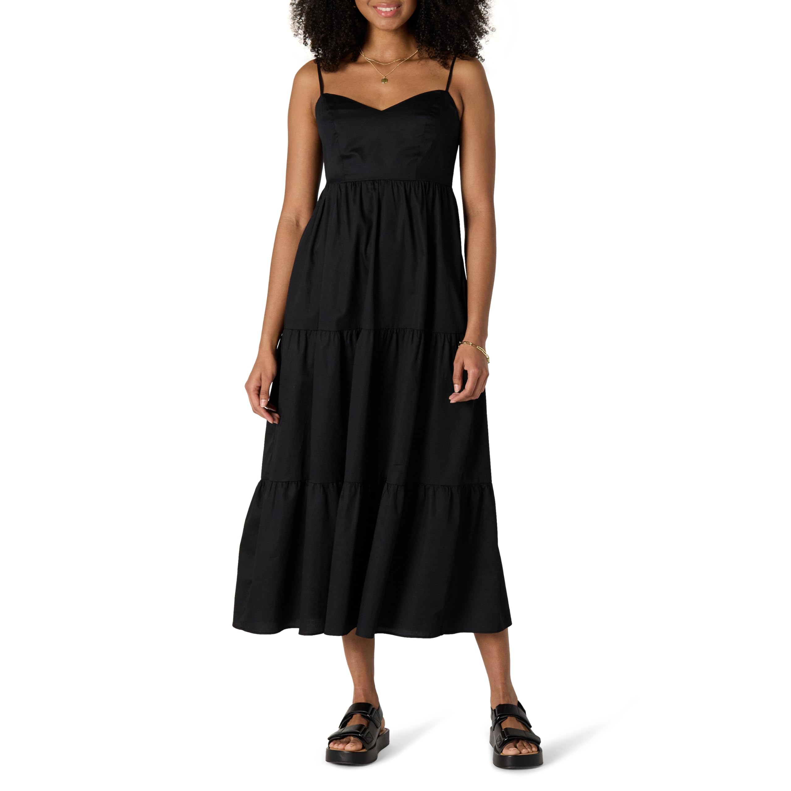Amazon Essentials Vestido Largo Entallado y Escote Corazón con Vuelo con Capas de Satén de Algodón con Cintura de Corte Imperio Mujer