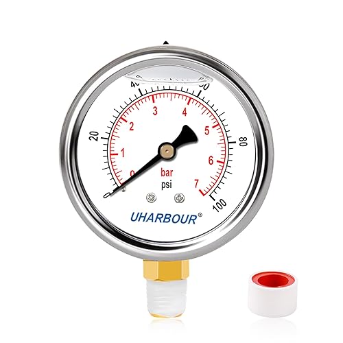 Medidor de presión relleno de glicerina 14 NPT 100psi7bar, caja de acero inoxidable, construcción interior de latón, esfera de 2-12", conexión