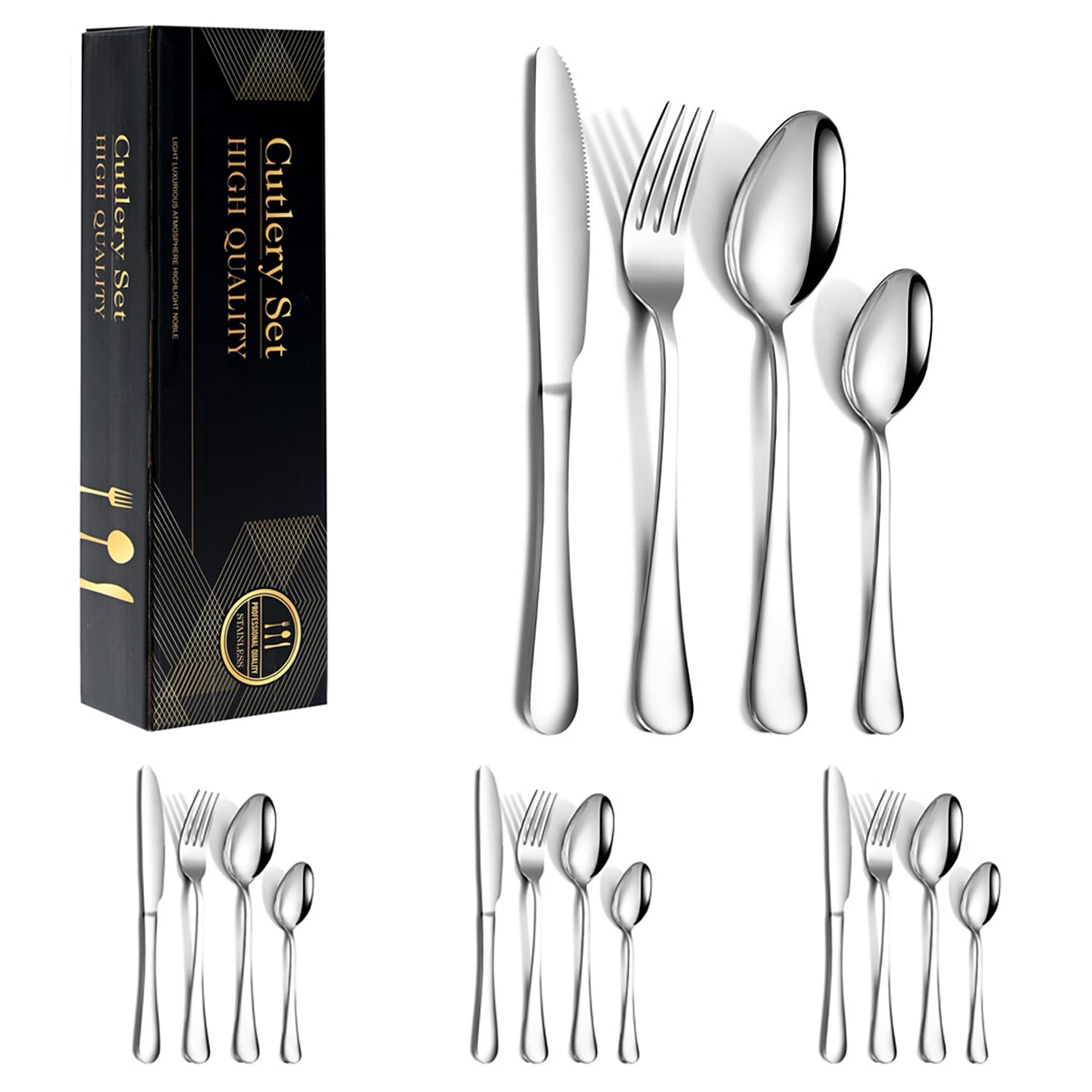 16 Pieces Silverware Cutlery Set Service for 4, Stainless Steel Cutlery Set with Knife/Fork/Spoon Kitchen Utensil Tableware Set for Home/Restaurant,