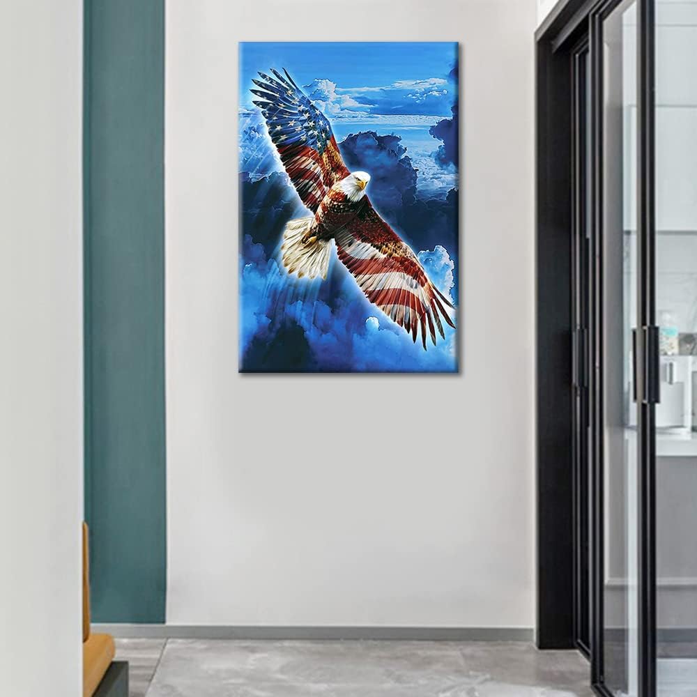 TUMOVO Navy Blue Wall Art for Living Room Eagle and American Flag Painting Canvas Print Artwork Soaring Eagle Poster Bedroom Bathroom Decor Home Office Wall Decorations Ready to Hang, 16" Wx24 H 16"Wx24"H Blue,Navy,Black