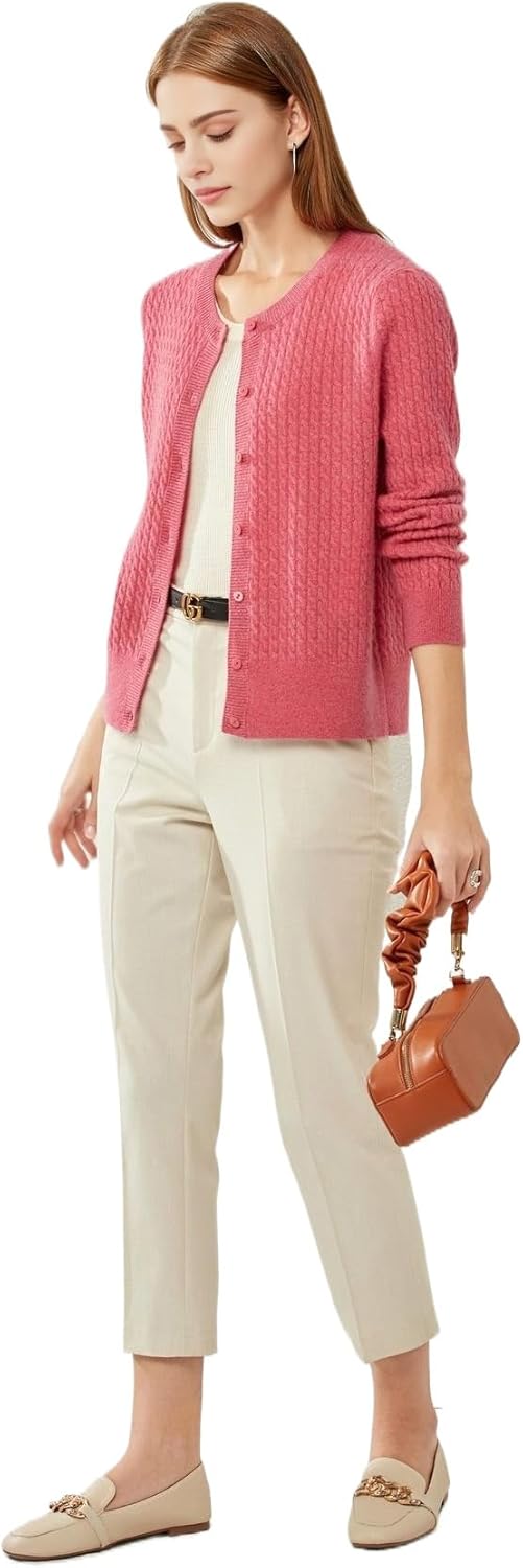 100% Cashmere Women's Cable Knit Cardigan Sweaters for Women Long Sleeve Crew Neck Warm Button Down - Image 4
