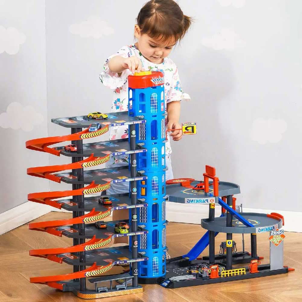 Bakaji Garaje gigante juguete para niños con 6 pisos, rampas de tobogán ascensor Pitstop y lavado de automóviles incluidos 10 coches + helicóptero tamaño 92 x 46 x 71 cm
