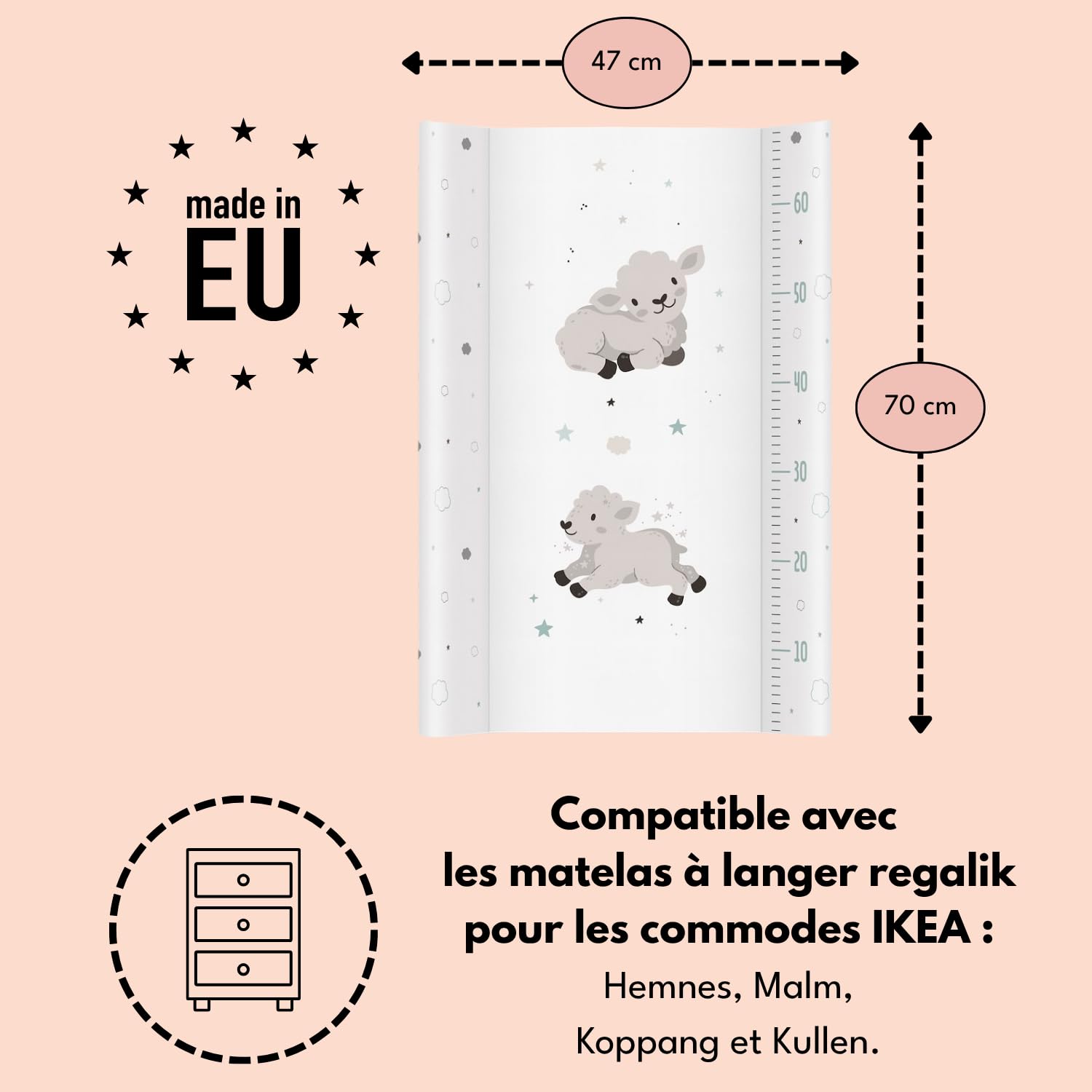 Matelas à langer 70x47 cm blanc avec mouton – lavable & doux, bords profilés pour plus de sécurité – coussin à langer pour table à langer – matelas de change bébé